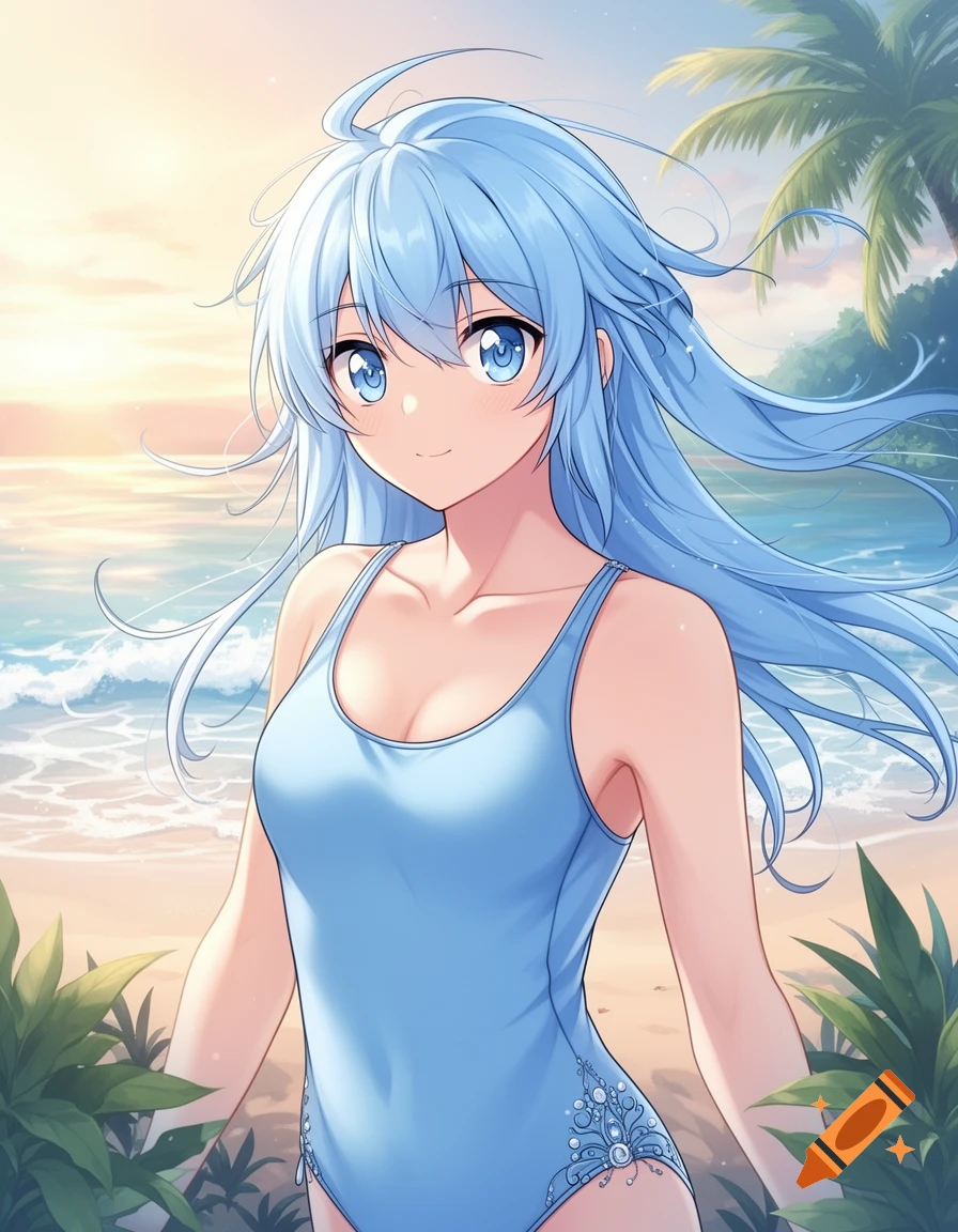 An anime girl with light blue hair and eyes in a blue one-piece swimsuit stands on a sunny beach with palm trees and ocean waves in the background.