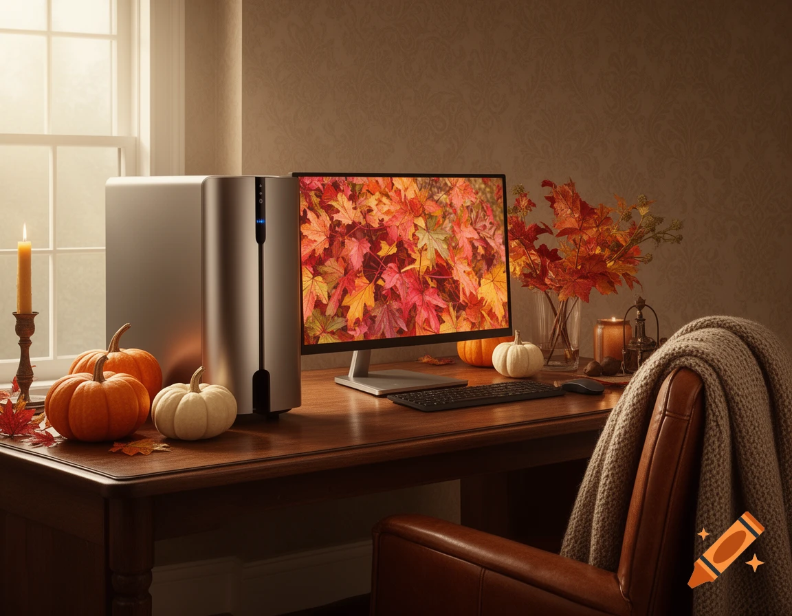 Photorealistic desktop setup with a silver computer, monitor displaying autumn leaves, keyboard, mouse, pumpkins, candle, and a cozy blanket on a leather chair.