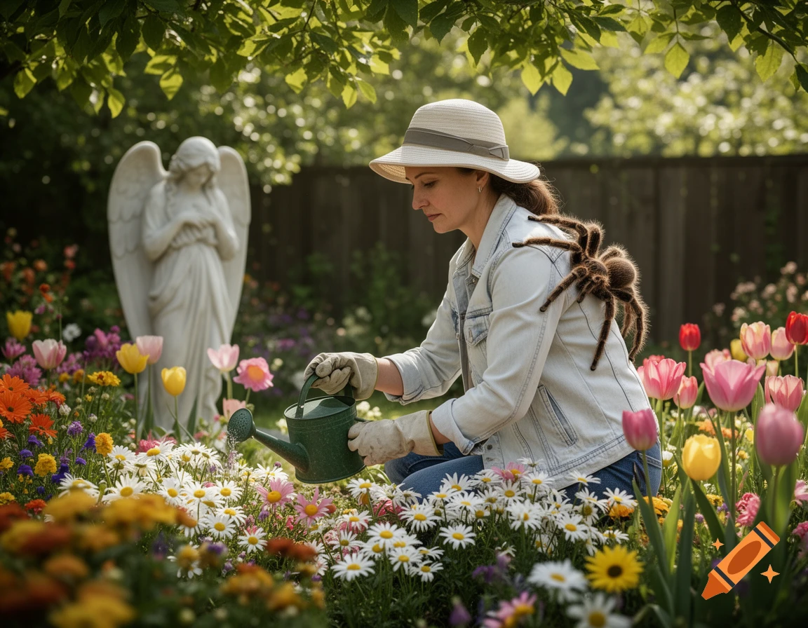A woman with a tarantula on her shoulder waters flowers in a sunny garden with an angel statue behind her, photorealistic.
