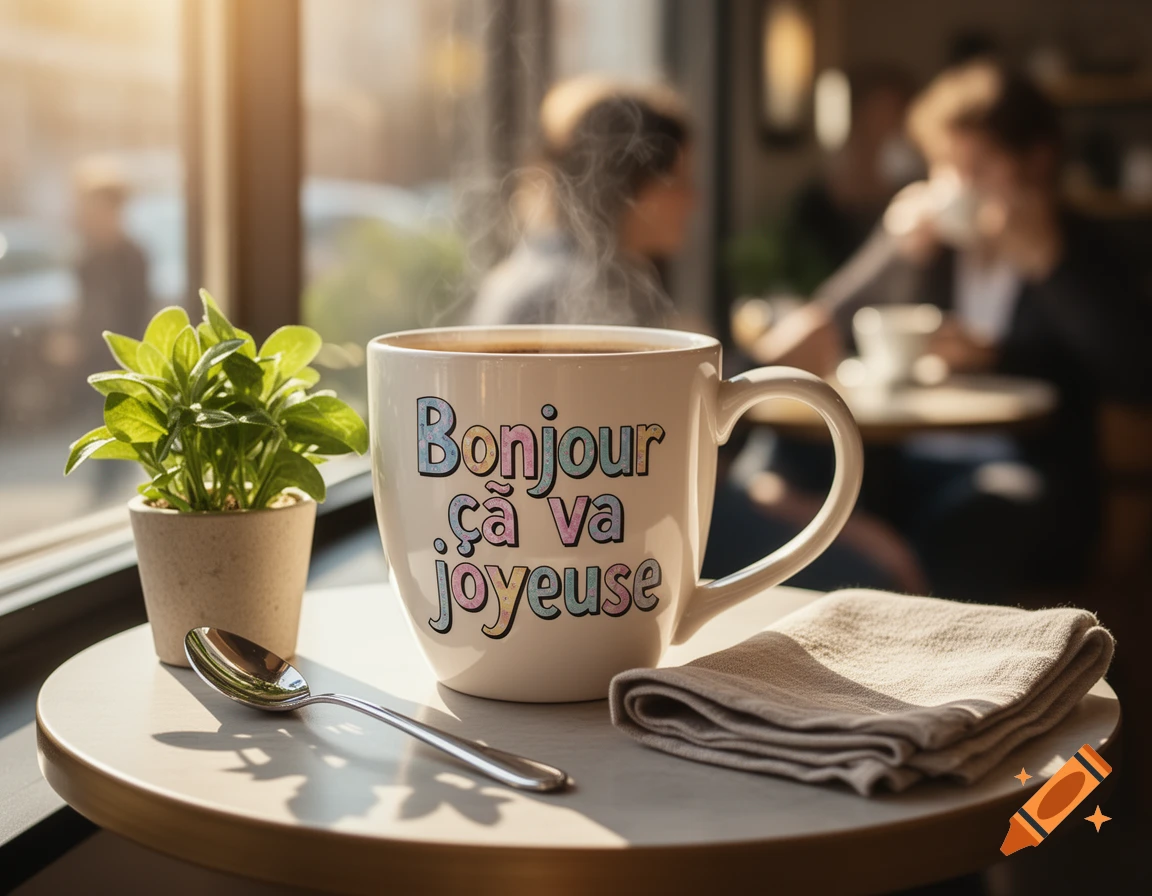 A steaming coffee mug with 'BONJOUR ça va joyeuse' text sits on a table with a plant and spoon in a sunlit cafe.