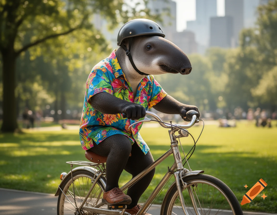 A photorealistic anthropomorphic Malayan tapir in a colorful Hawaiian shirt and helmet rides a vintage bicycle through a sunny city park.