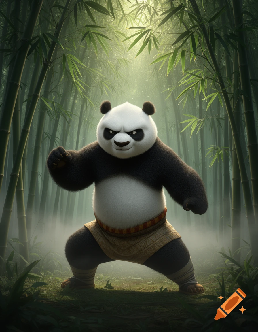 A fierce cartoon panda in a martial arts stance wearing a traditional skirt in a mystical bamboo forest.