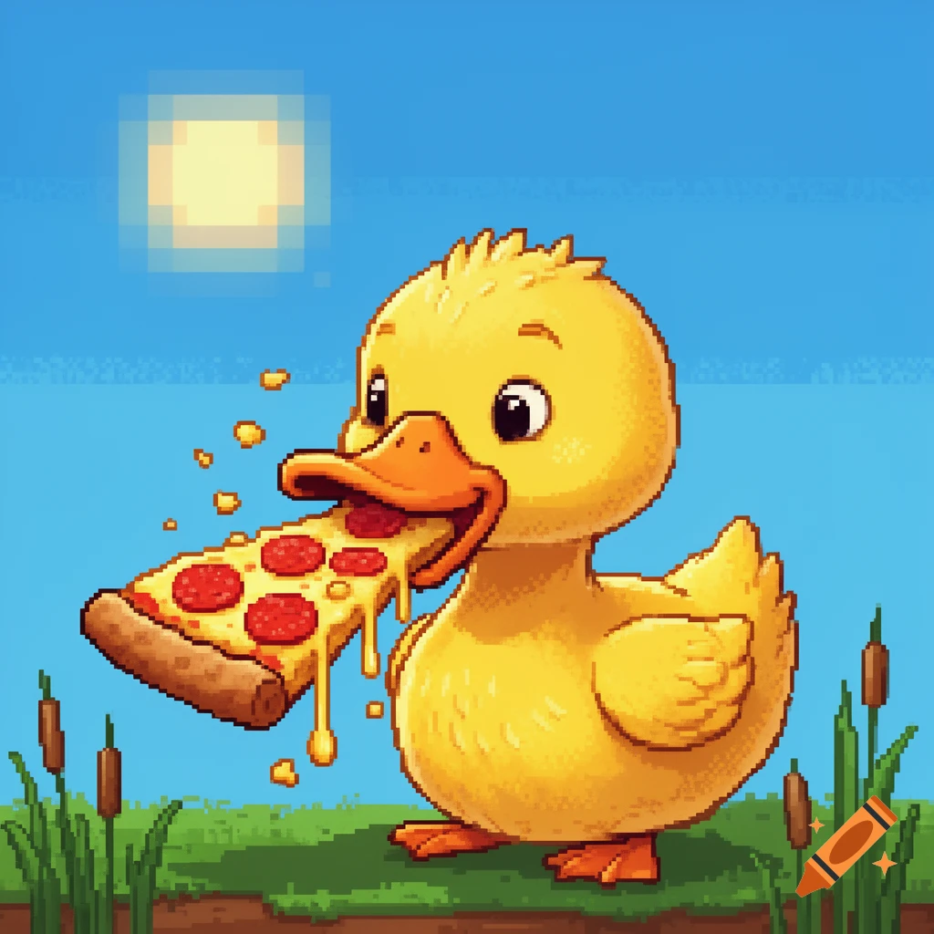 A pixel art duck eats a large slice of pepperoni pizza with melting cheese in a grassy field under a pixelated sun.