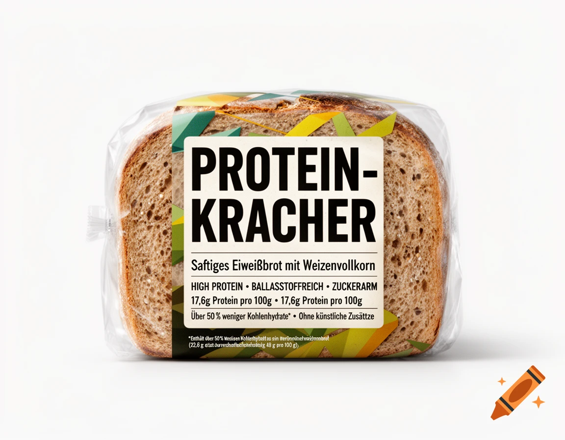 A photorealistic image of a packaged loaf of protein bread with a white and green label, set against a plain white background.
