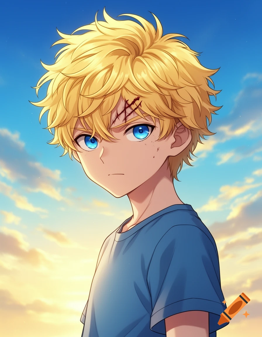 Anime-style portrait of a blonde boy with bright blue eyes and scars on his forehead, wearing a blue shirt against a sunny, cloudy sky.