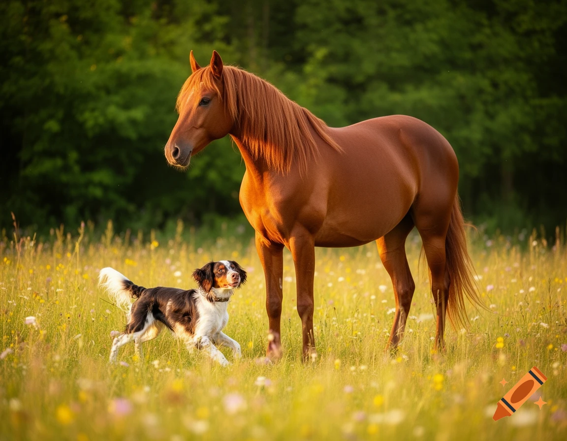 A brown horse and a black and white dog stand in a sunlit grassy field with wildflowers. Photorealistic style.
