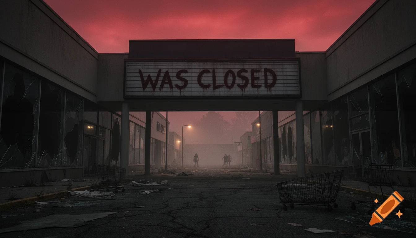 A ruined mall with a 'WAS CLOSED' sign, zombie-like figures in the foggy distance under a red sky, post-apocalyptic scene.