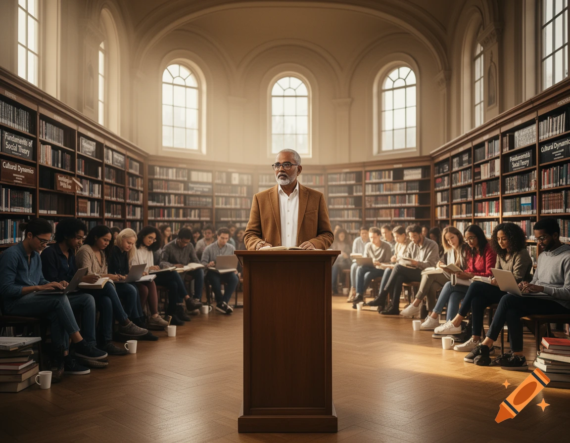 An older man in a brown suit jacket speaks from a wooden podium to a diverse group of students in a grand library with tall bookshelves and arched windows, bathed in warm light.