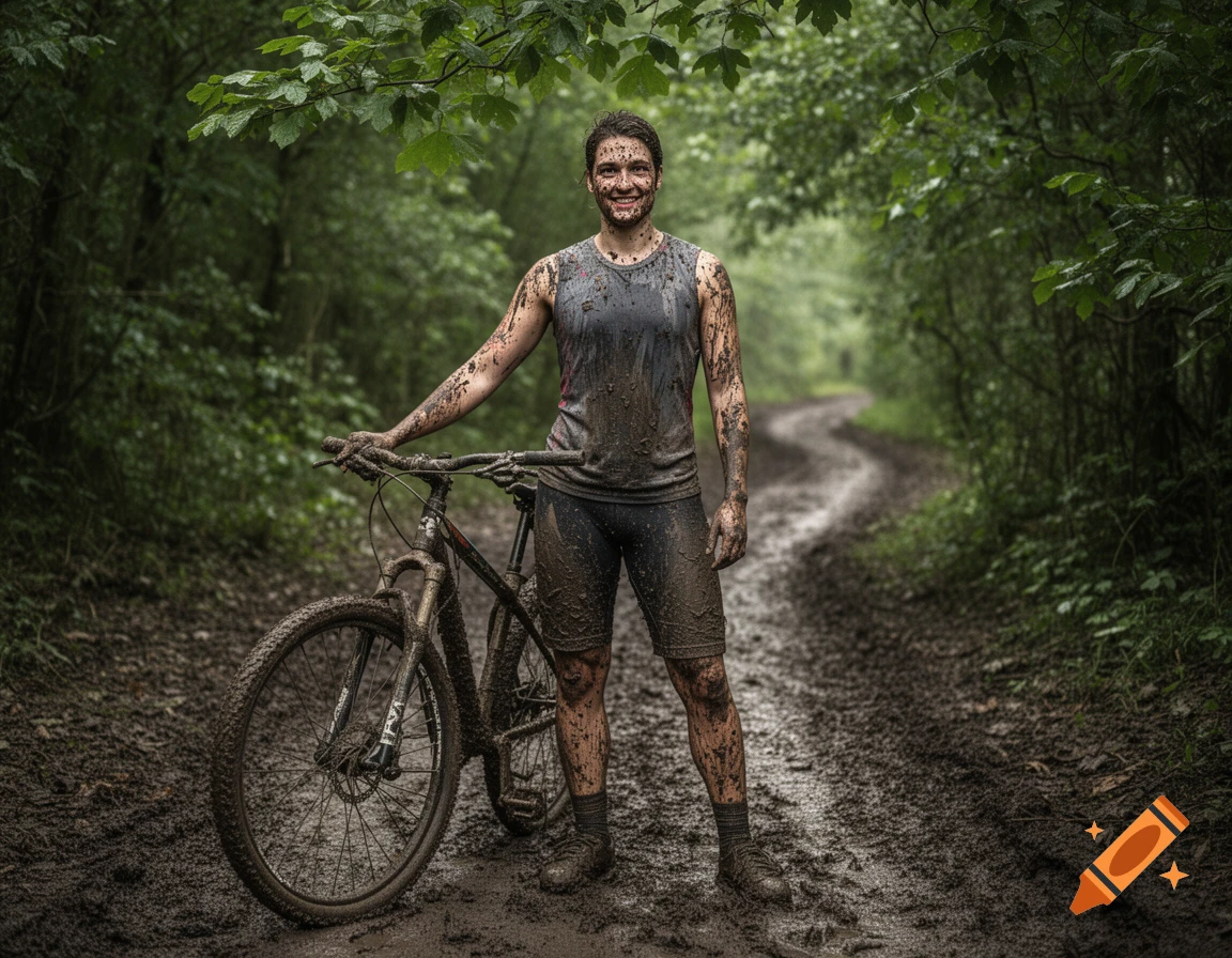 A smiling person covered in mud stands with a mountain bike on a muddy forest path, photorealistic.