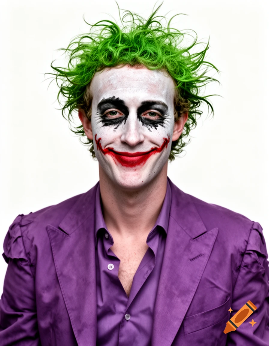 A man with white face paint, black smudged eyes, and a red smile, mimicking the Joker, wears a purple suit and has wild green hair.