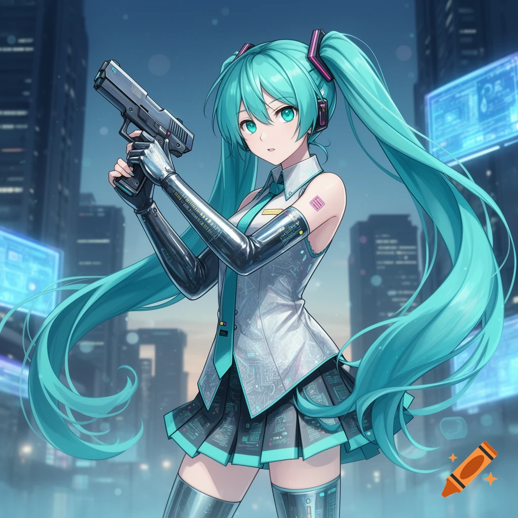 An anime girl with long turquoise pigtails holds a gun in a futuristic city setting, wearing a white and black outfit with circuit patterns.