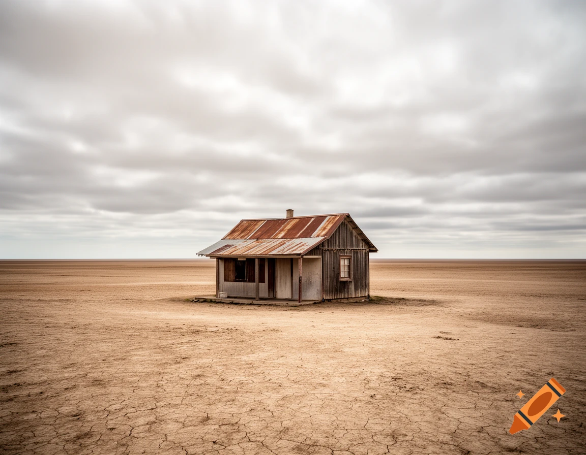 A small, rustic house with a rusted roof stands alone in a vast, cracked desert under a cloudy sky.