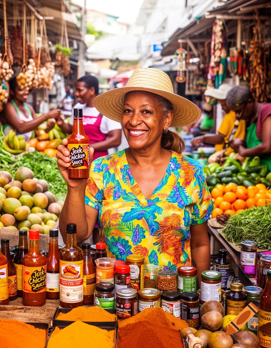 A smiling Caribbean woman in a straw hat and colorful top holds up a bottle of "Jerk Chicken Sauce" at a vibrant outdoor market stall filled with spices, produce, and other condiments.