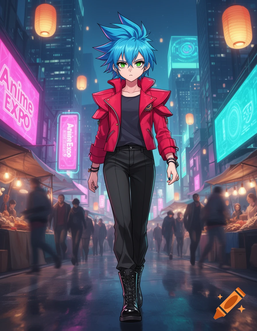 An anime character with spiky blue hair and a red jacket walks confidently down a neon-lit city street at night, past market stalls and blurred crowds.