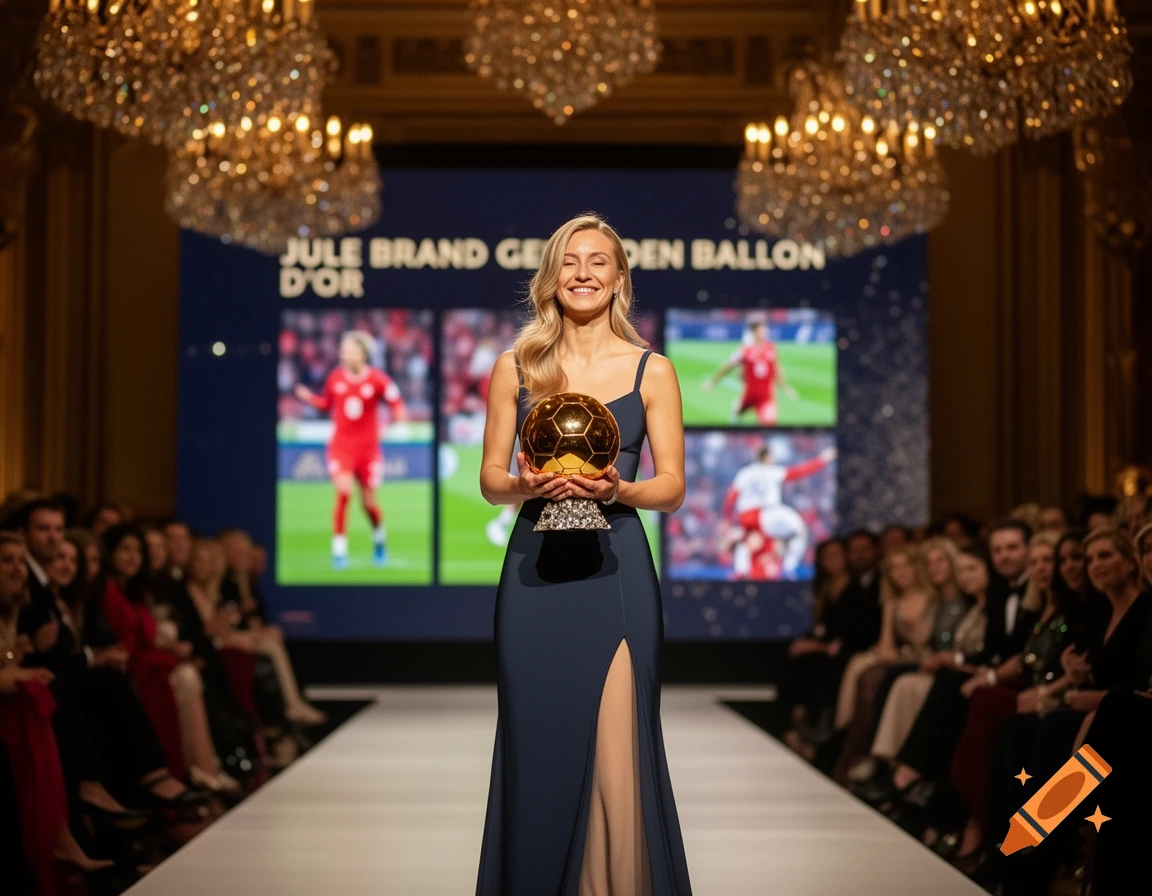 A smiling woman in a dark blue gown stands on a runway, holding a golden football trophy at an awards ceremony with a screen displaying text in the background.