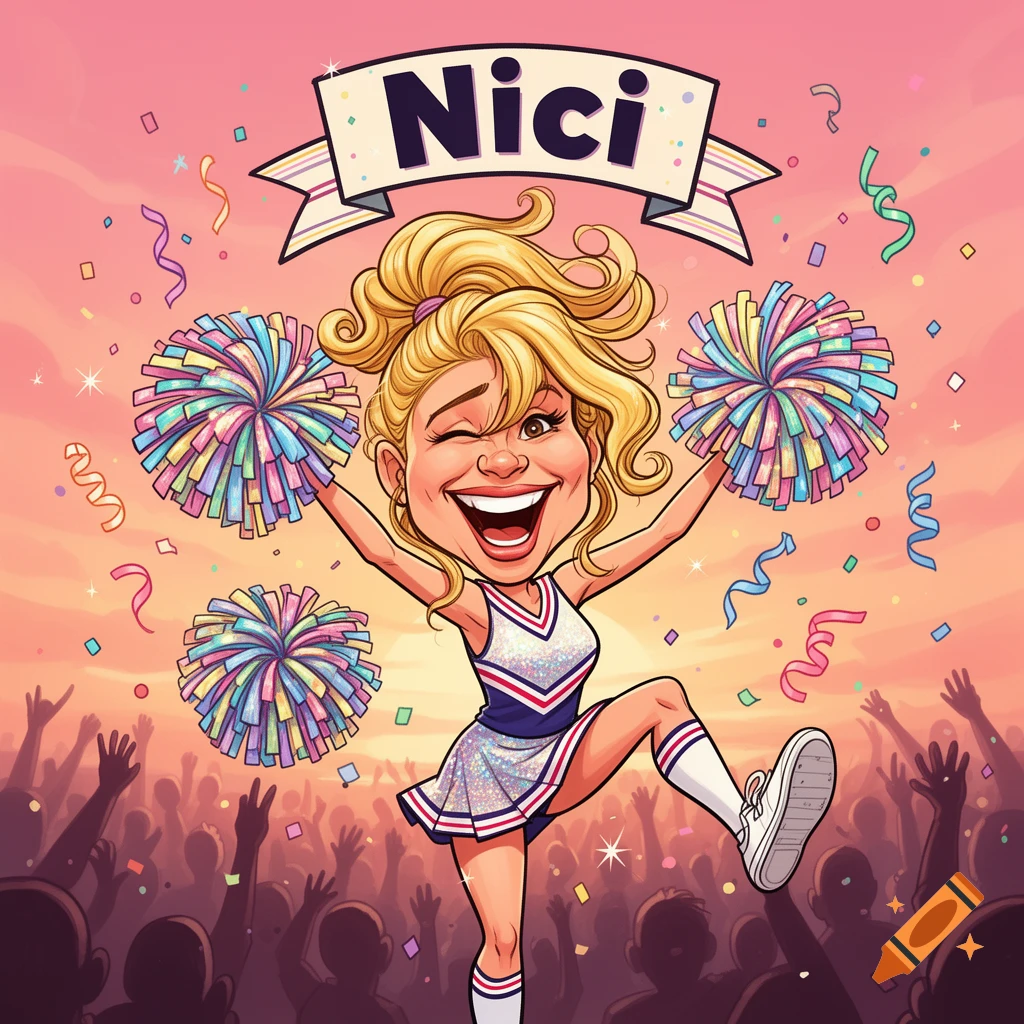 Blonde cheerleader caricature, Nici, winks and cheers with colorful pom-poms, surrounded by confetti and a crowd.