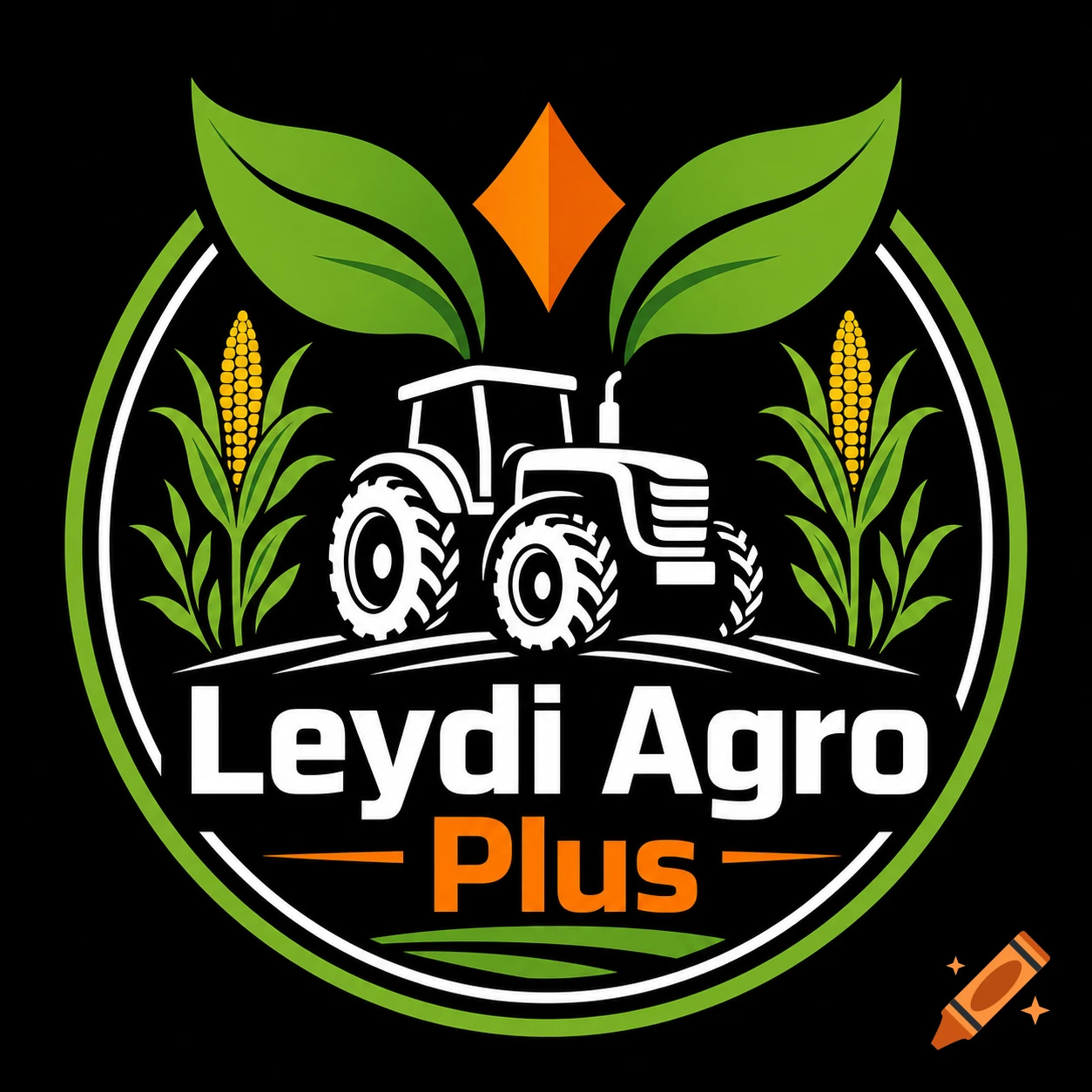 A professional circular logo for 'Leydi Agro Plus' with a white tractor, green leaves, corn, and an orange diamond on a black background.