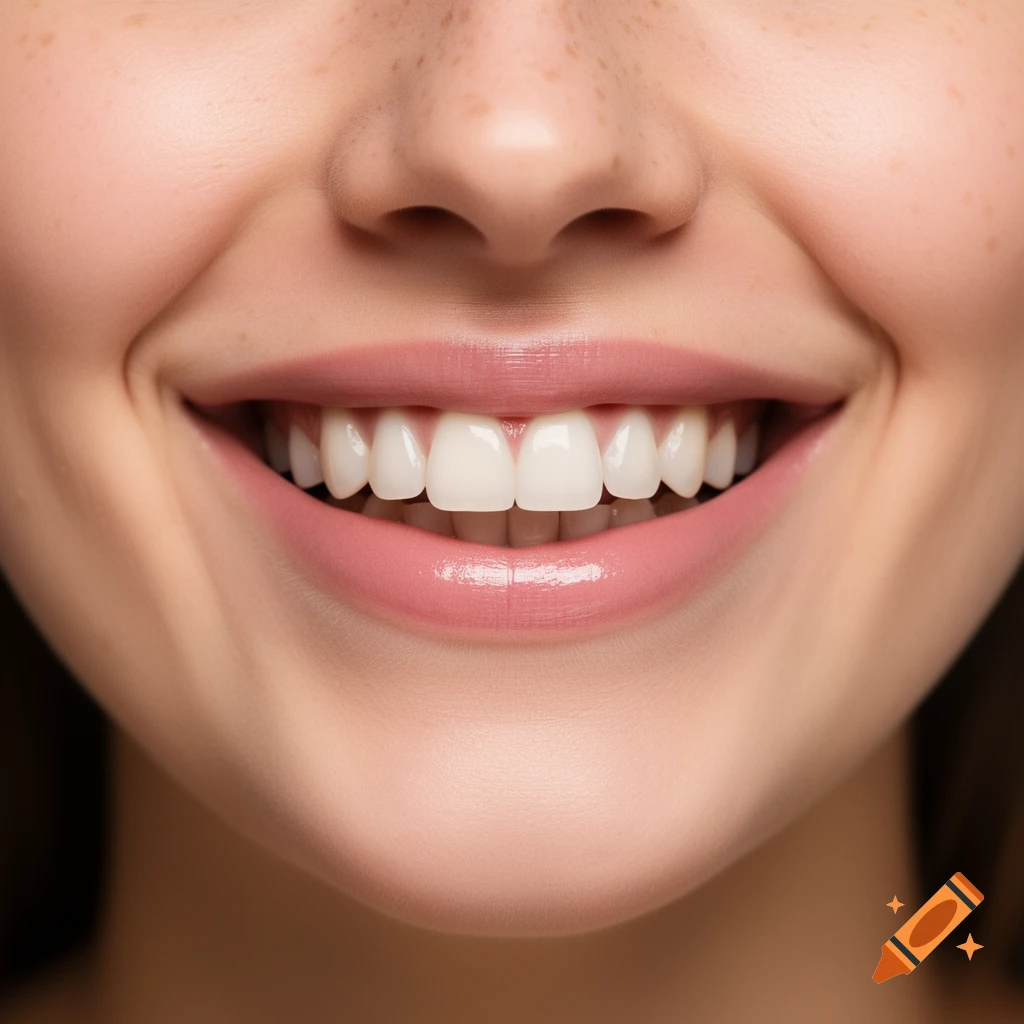 Close-up, photorealistic shot of a smiling mouth with white teeth, glossy pink lips, and freckles on the nose.
