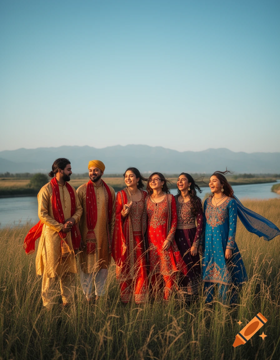 Two men and four women in vibrant traditional South Asian clothing stand smiling in a grassy field with a river and mountains.