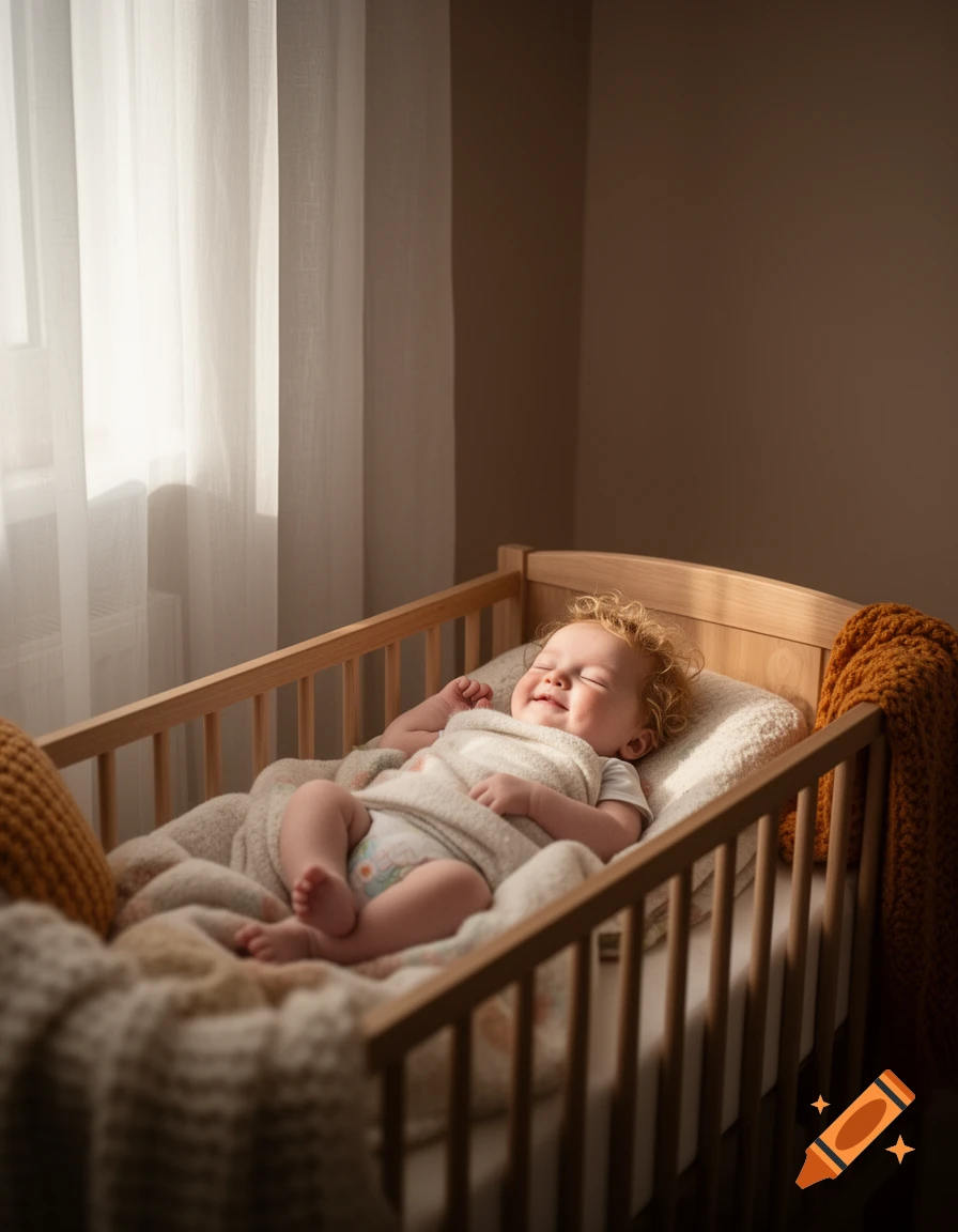 A happy baby with curly blonde hair smiles in their sleep while lying in a wooden crib by a sunlit window.