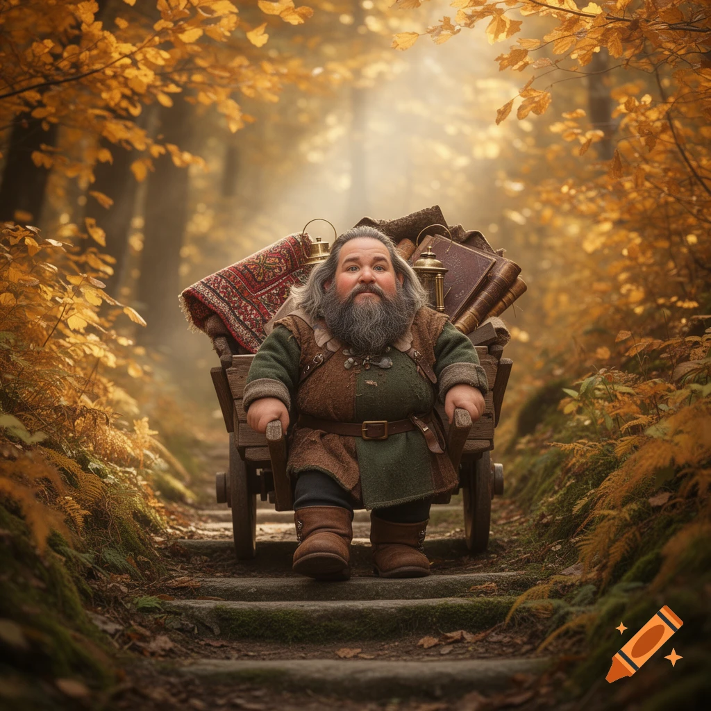 A long-bearded dwarf in a brown and green tunic sits in a loaded wooden cart on a forest path with golden autumn leaves.