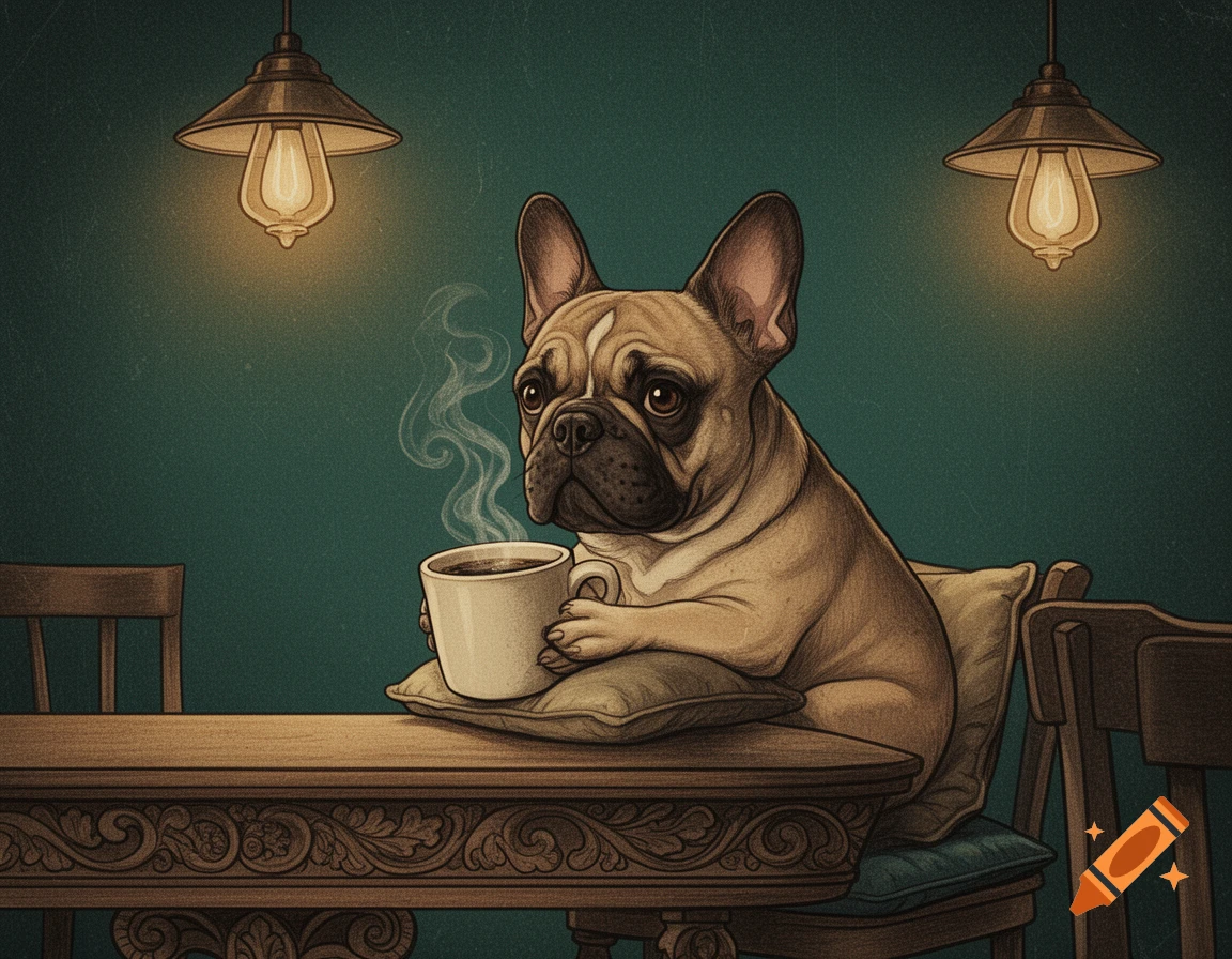 A vintage textured illustration of a French Bulldog holding a steaming coffee mug at a wooden cafe table under dim lights.