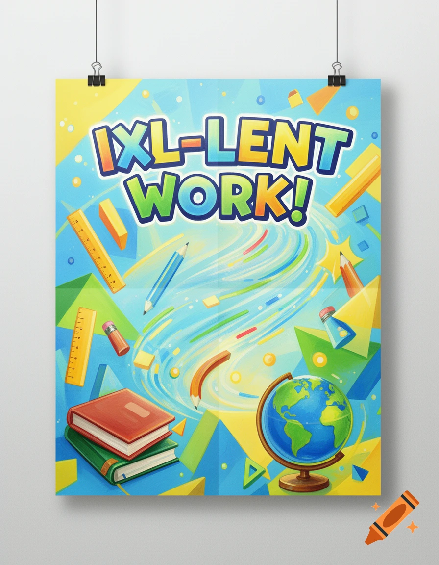 Colorful cartoon poster with 'IXL-LENT WORK!' surrounded by school supplies like books, globe, pencils, and rulers.