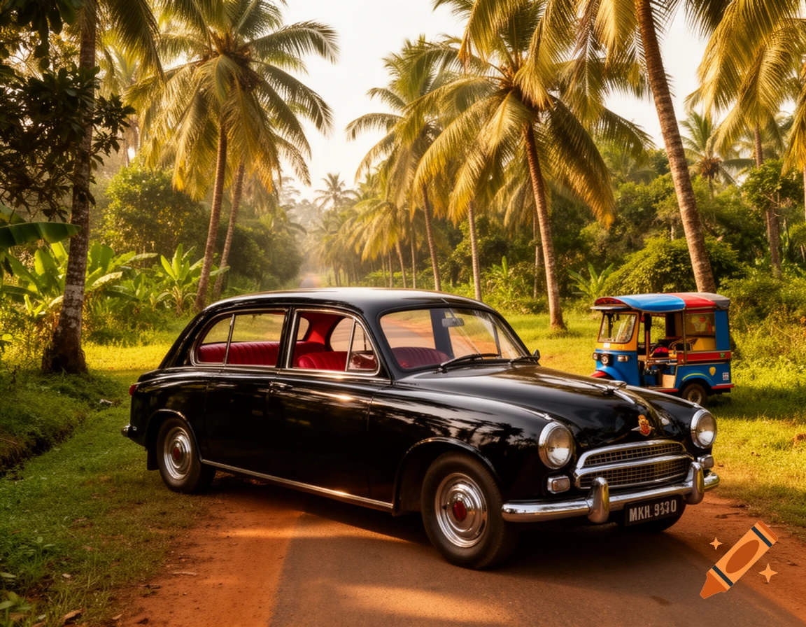 A black classic car with red interior parked on a dirt road lined with palm trees, with a blue and red tuk-tuk in the background.