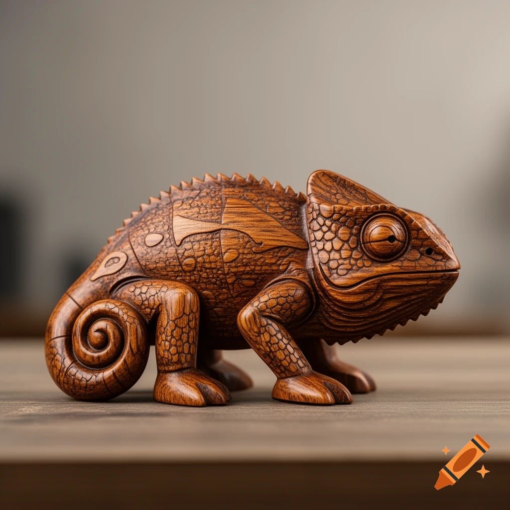 A highly detailed wooden chameleon figurine with intricate scales and patterns sits on a wooden surface.