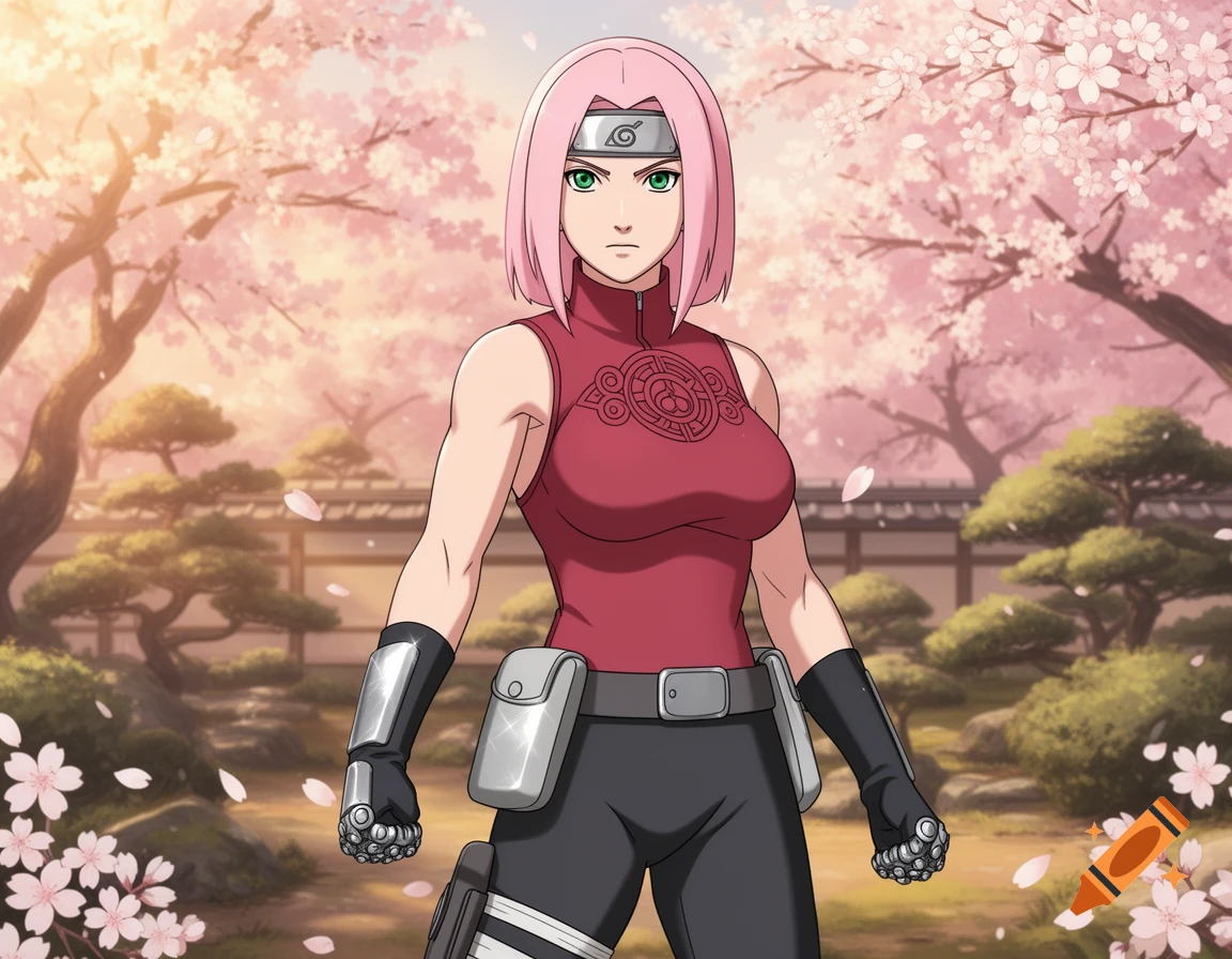 Anime character Sakura Haruno stands confidently in a cherry blossom garden.