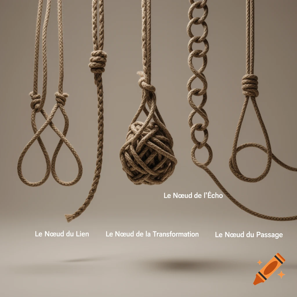 Five different decorative knots made of thick brown rope hang from above against a beige background, with French labels below some of them.