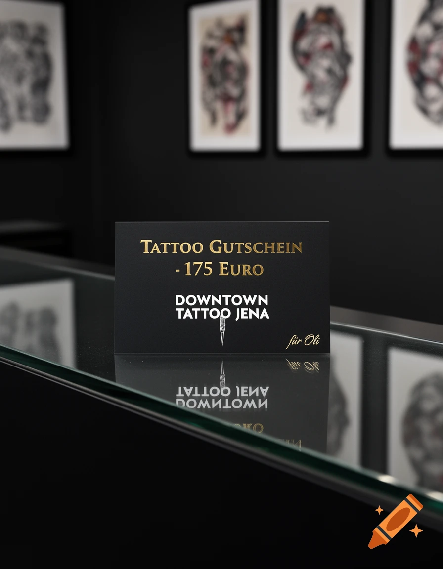 A black gift card for "TATTOO GUTSCHEIN - 175 EURO DOWNTOWN TATTOO JENA für Oli" displayed on a glass counter.