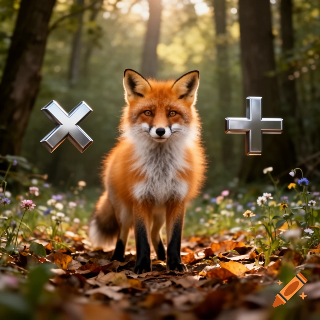 A photorealistic fox stands in a sunny forest with fallen leaves, flanked by a silver multiplication sign and a silver plus sign.