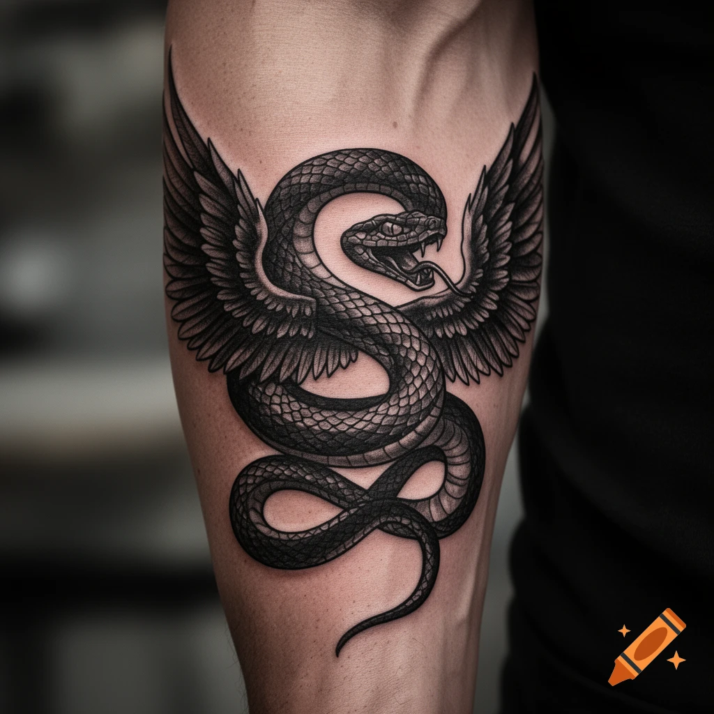 A detailed black and white tattoo of a winged snake devouring itself, on a person's arm.