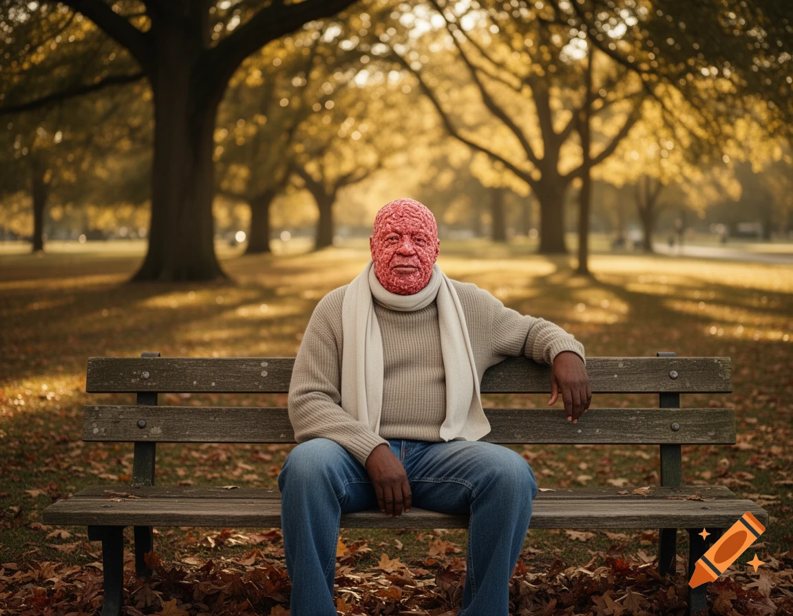 A man with a red, textured 'meat face' sits on a wooden park bench amidst fallen autumn leaves.