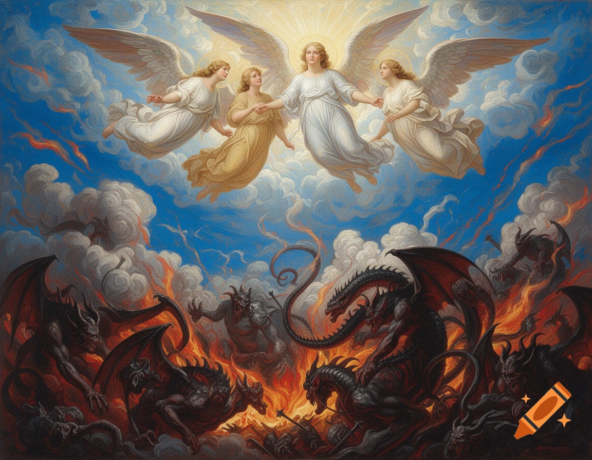 Renaissance oil painting depicting four angels in a bright sky above numerous devils and dragons battling in a fiery inferno below.