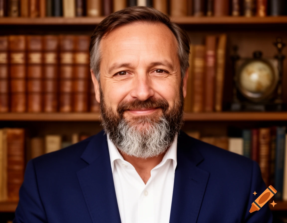 Photorealistic portrait of a smiling, bearded man in a blue suit and white shirt, standing in front of bookshelves.