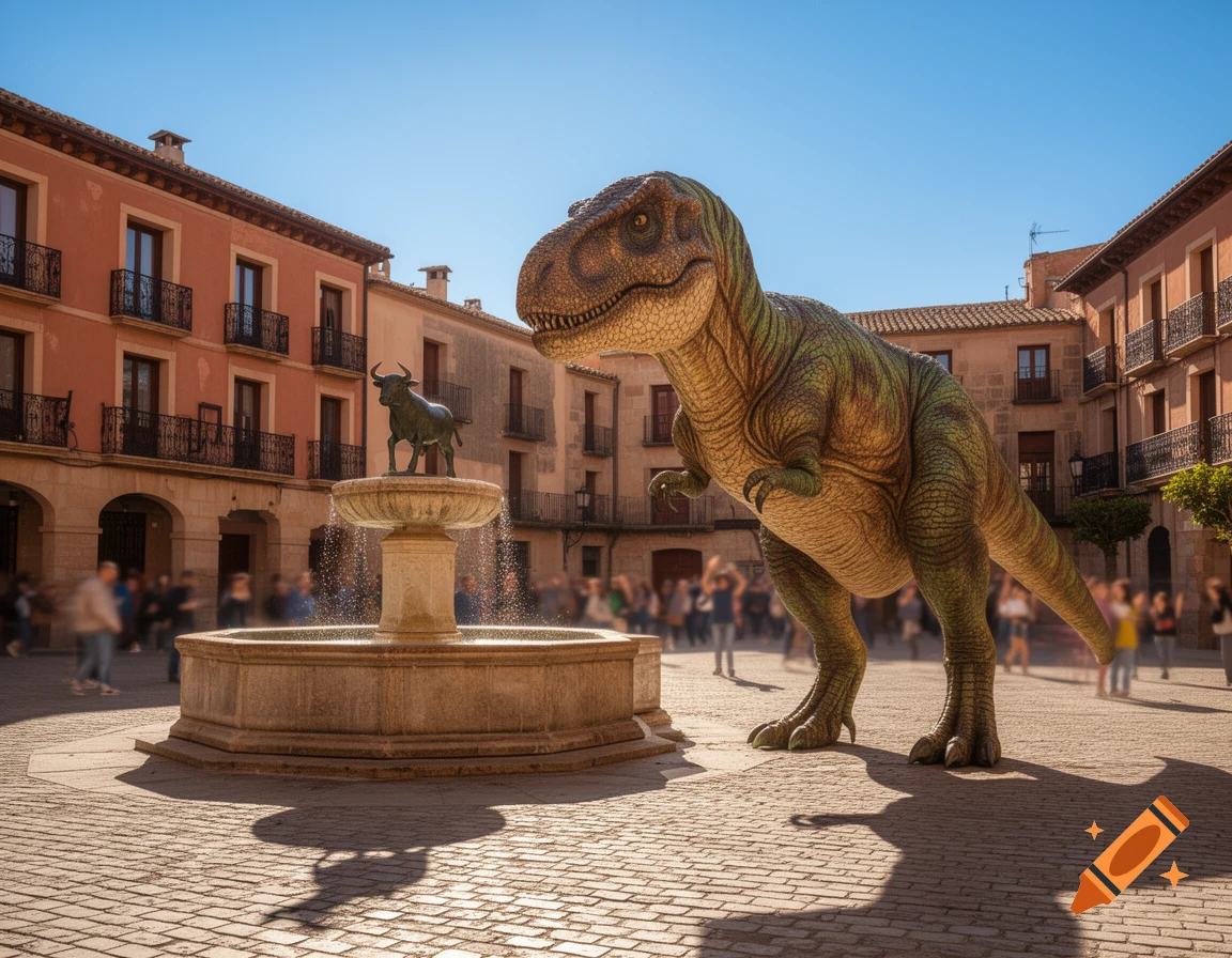 A large photorealistic Tyrannosaurus Rex stands next to a stone fountain with a bull statue in a sunny European town square.