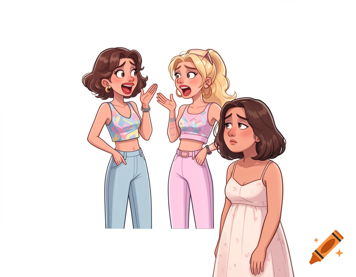 Cartoon of two women in crop tops talking animatedly, while a third woman in a dress looks on jealously against a white background.