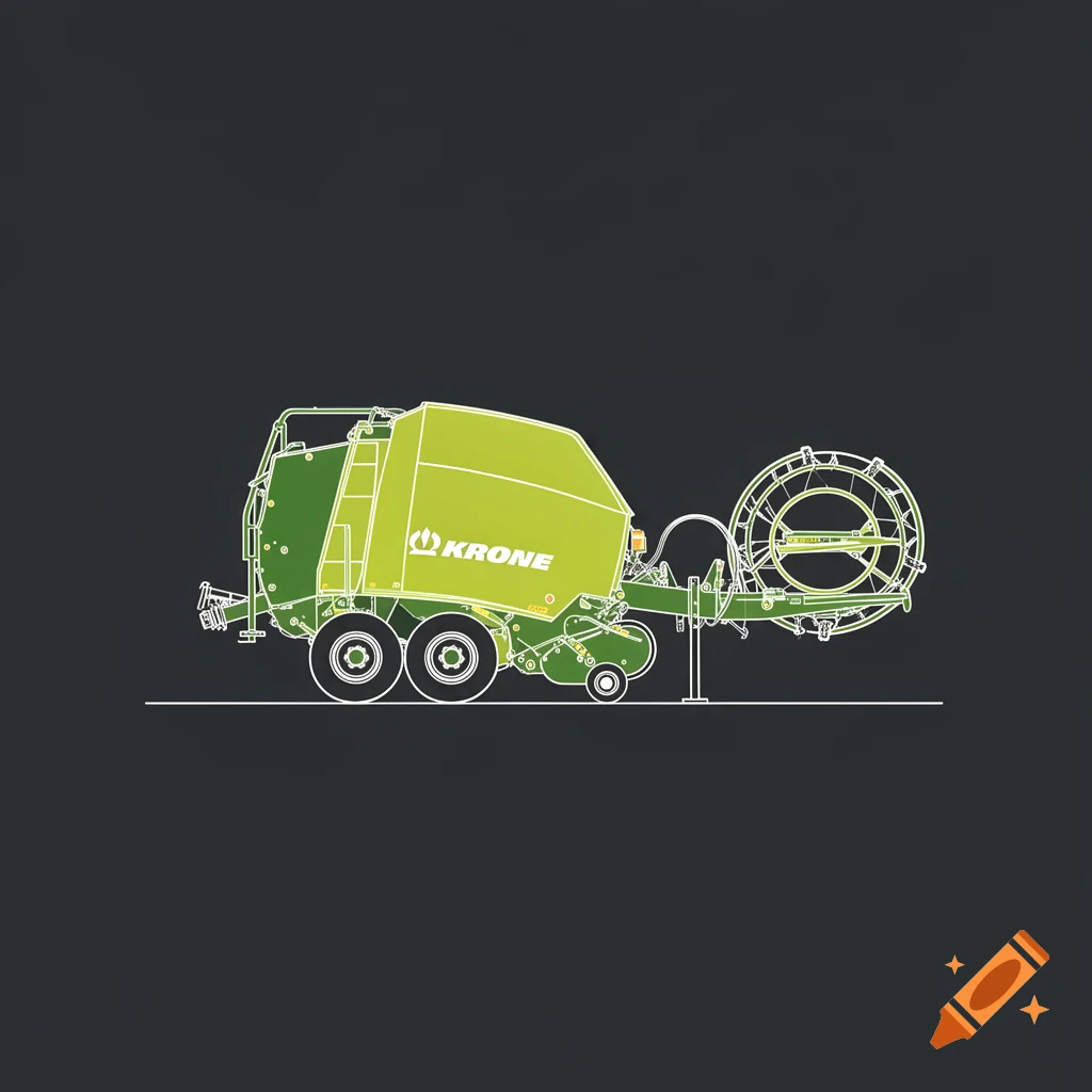 Side view of a minimalist neon green and white vector illustration of a Krone round baler and wrapper agricultural machine on a dark charcoal background.