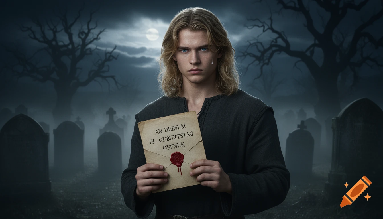 A sad young man with long blonde hair holds a letter in a foggy, moonlit graveyard. The letter says 'OPEN ON YOUR 18TH BIRTHDAY'.