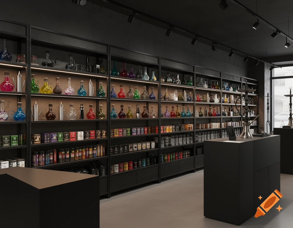 Modern shisha and vape shop interior with dark industrial shelving displaying rows of colorful glass hookahs and various tobacco products.