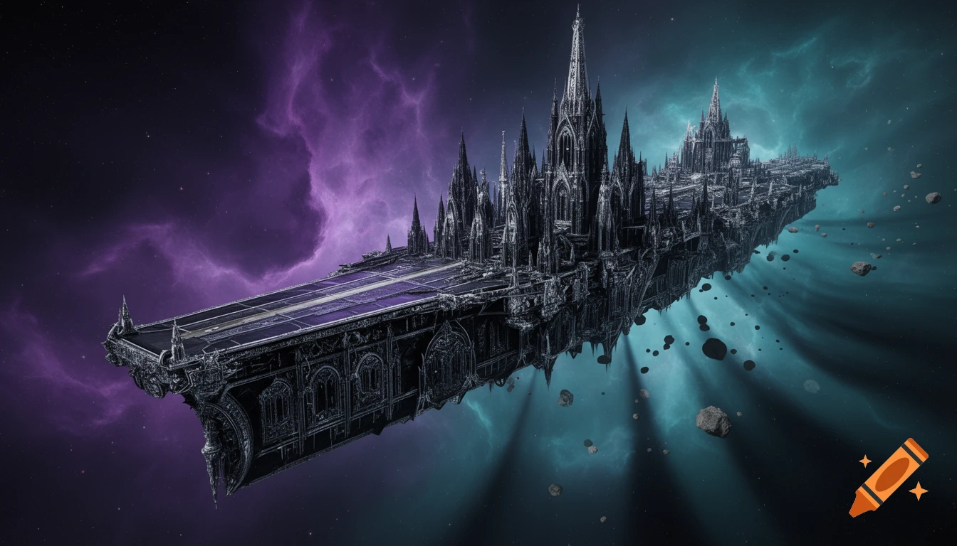 An intricately detailed gothic spaceship, the size of an aircraft carrier, flies through a vibrant purple and teal nebula filled with small asteroids.