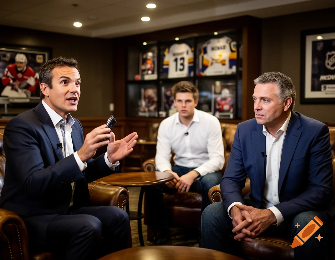 Three men, two in suits, one in a white shirt, sit in leather chairs. One man gestures while speaking. Hockey jerseys hang framed in the background.