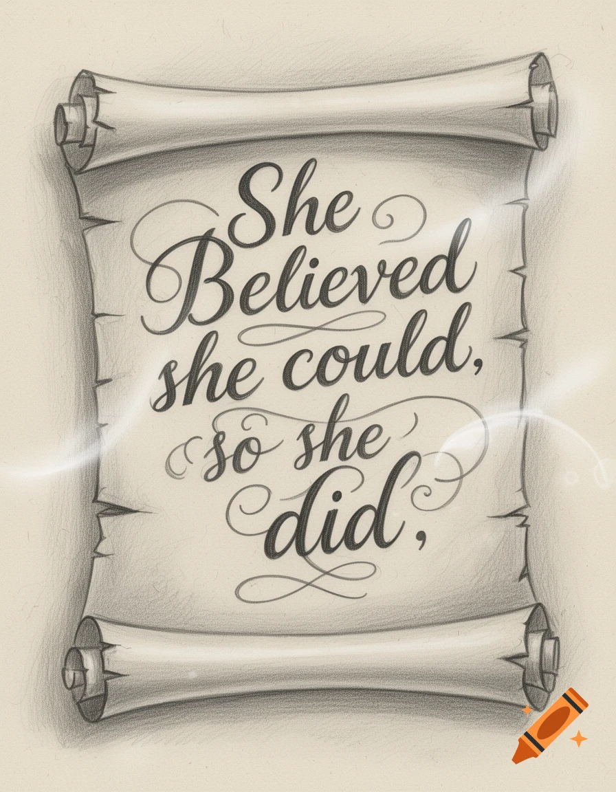 Pencil sketch of a scroll with the quote 'She believed she could, so she did.' in elegant script.