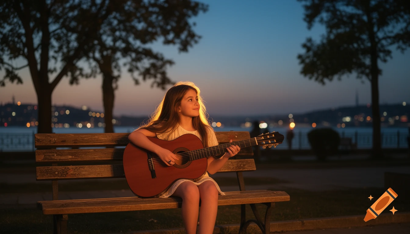A young girl with long hair plays an acoustic guitar on a wooden bench at sunset by the water with city lights.