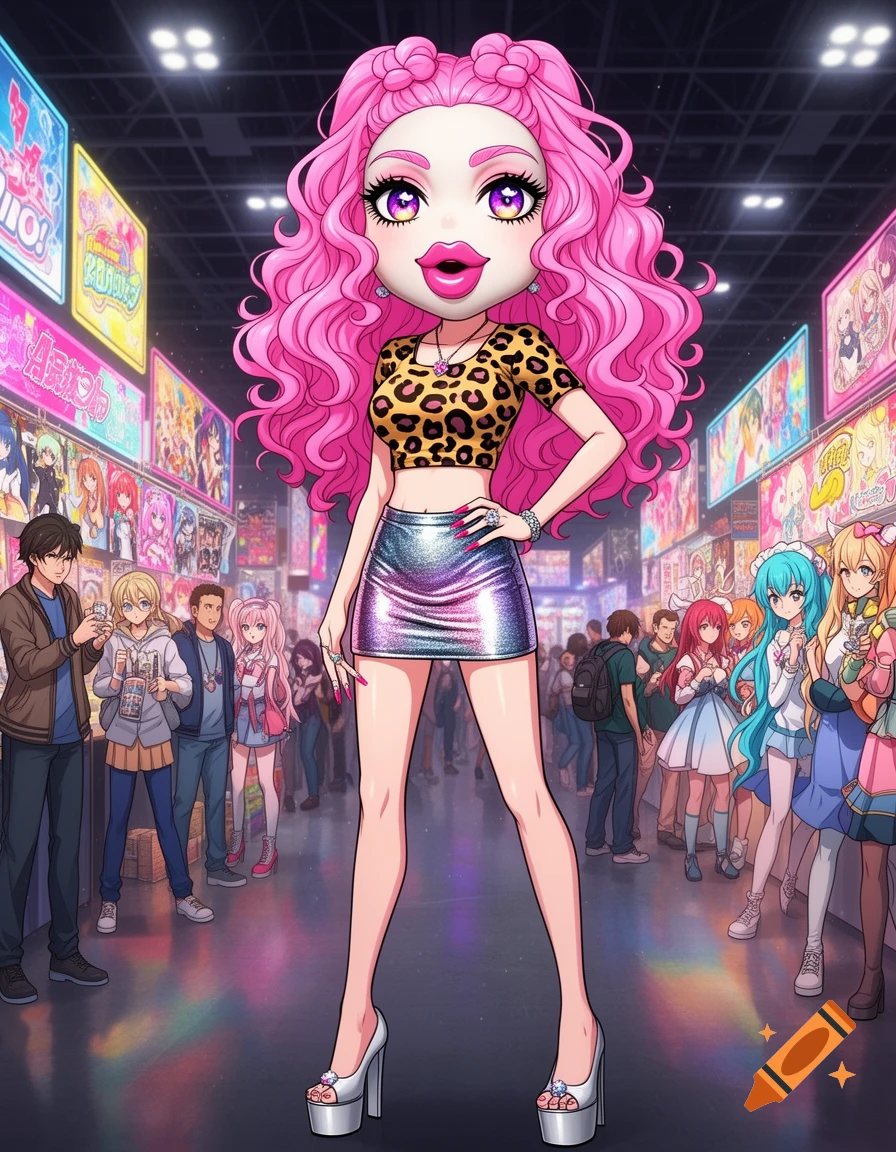 Doll-like figure with large pink hair, leopard print crop top, and silver mini skirt, standing prominently in a vibrant anime convention.
