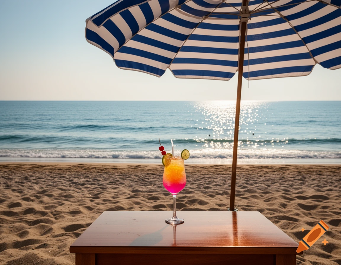 A colorful cocktail on a wooden table under a blue and white striped umbrella on a sandy beach, with the ocean and sparkling sunlight in the background.