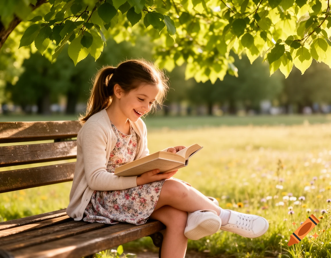 A happy girl sits on a park bench, engrossed in a book, bathed in golden sunlight filtering through green leaves.