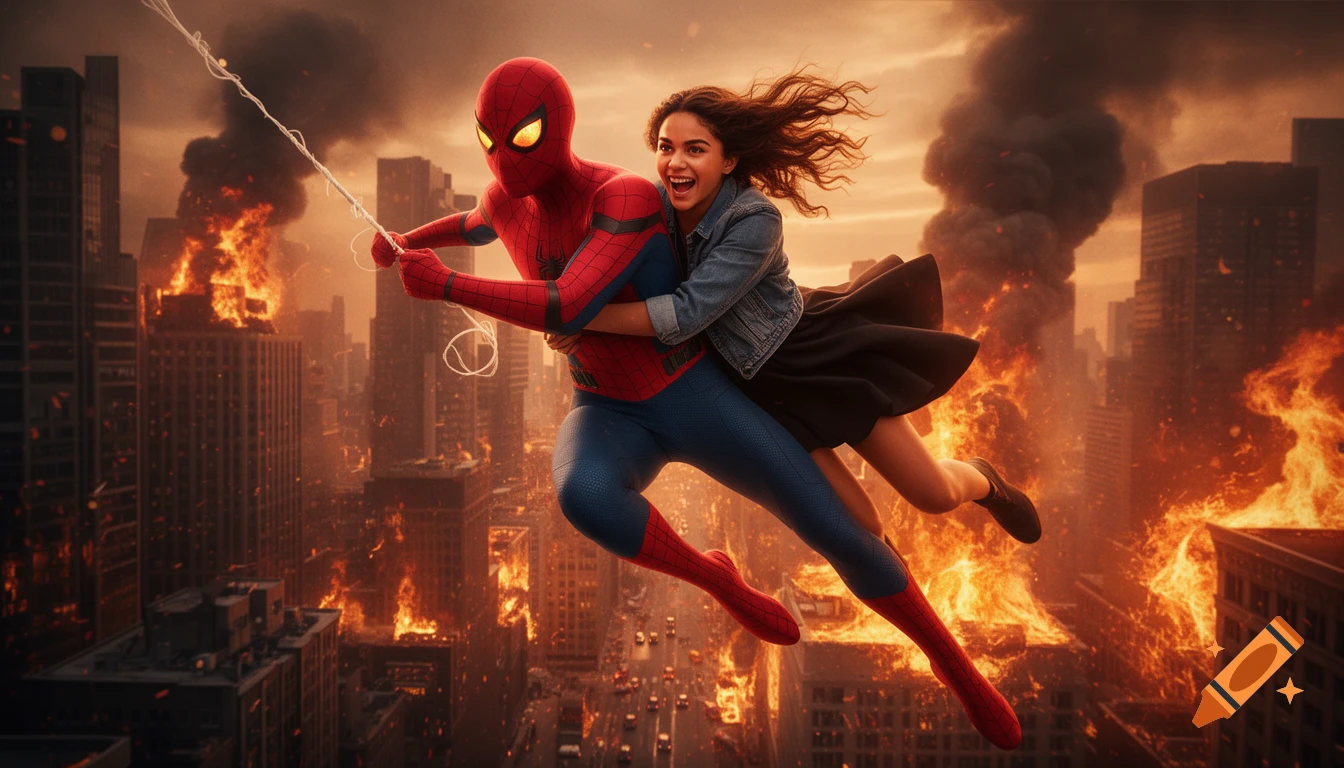 Spider-Man swings through a burning city, carrying a smiling woman with windswept hair.